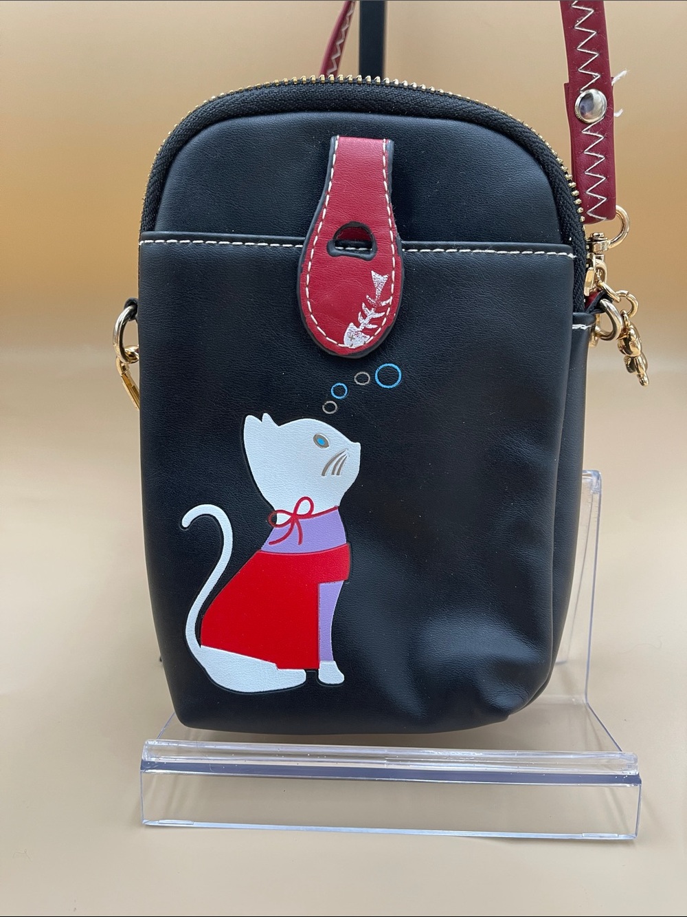 Black Crossbody Phone Bag with Cat Motif - Fun Playful Attention Grabber